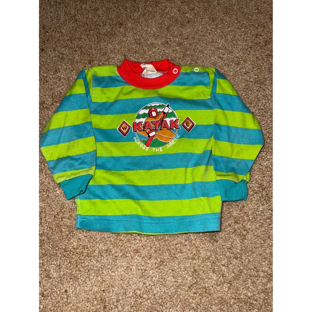 Kids Kayak Across The Arctic‎ Long Sleeve Shirt Green Blue Striped Red Collar